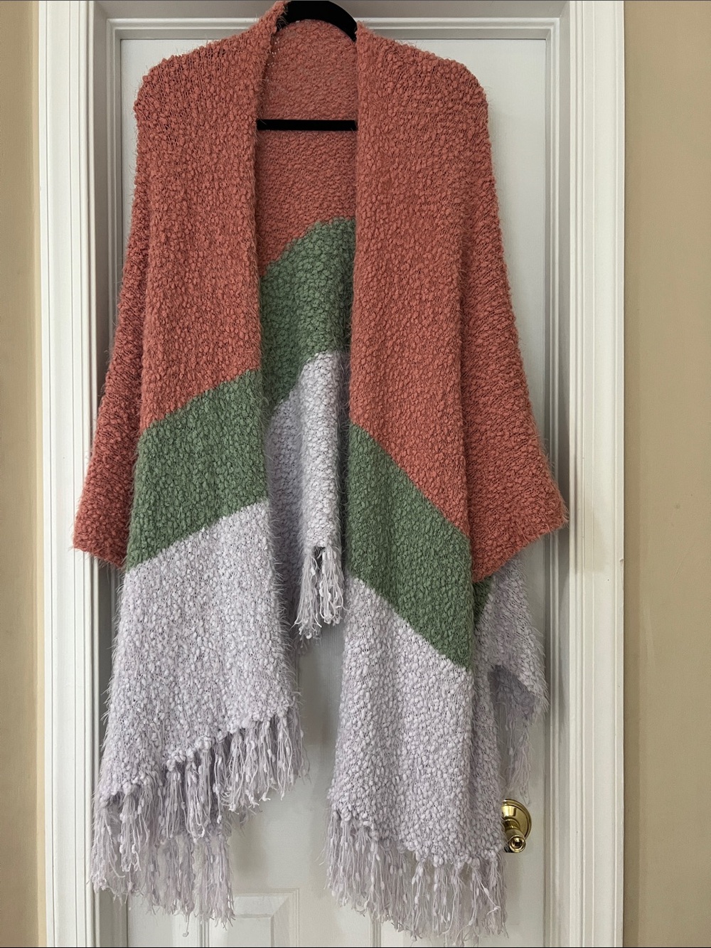 Matilda Jane Colorblock Fringe Shawl in Coral, Sage & Light Gray